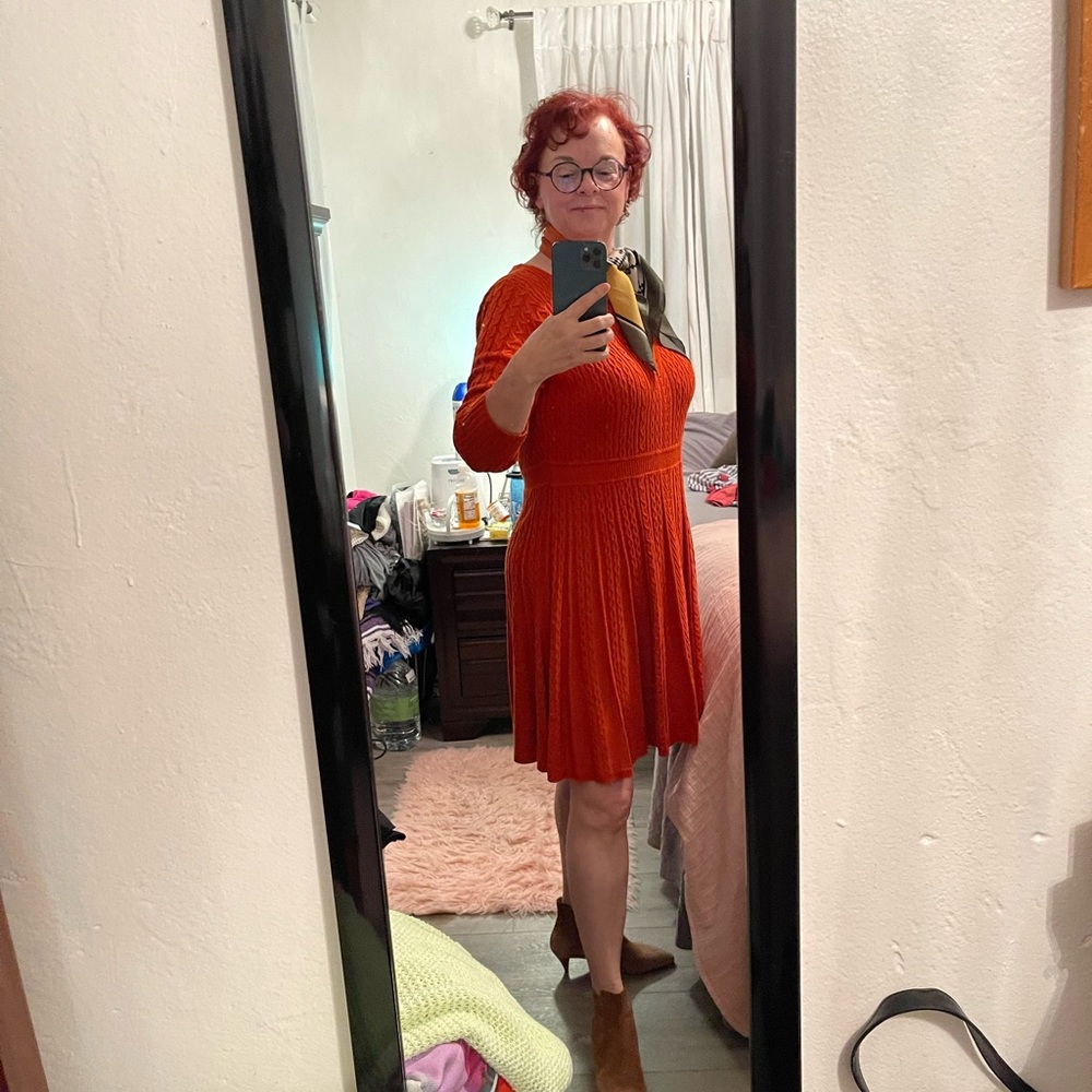 Calvin Klein Orange Fit and Flare Dress with Bishop Sleeves